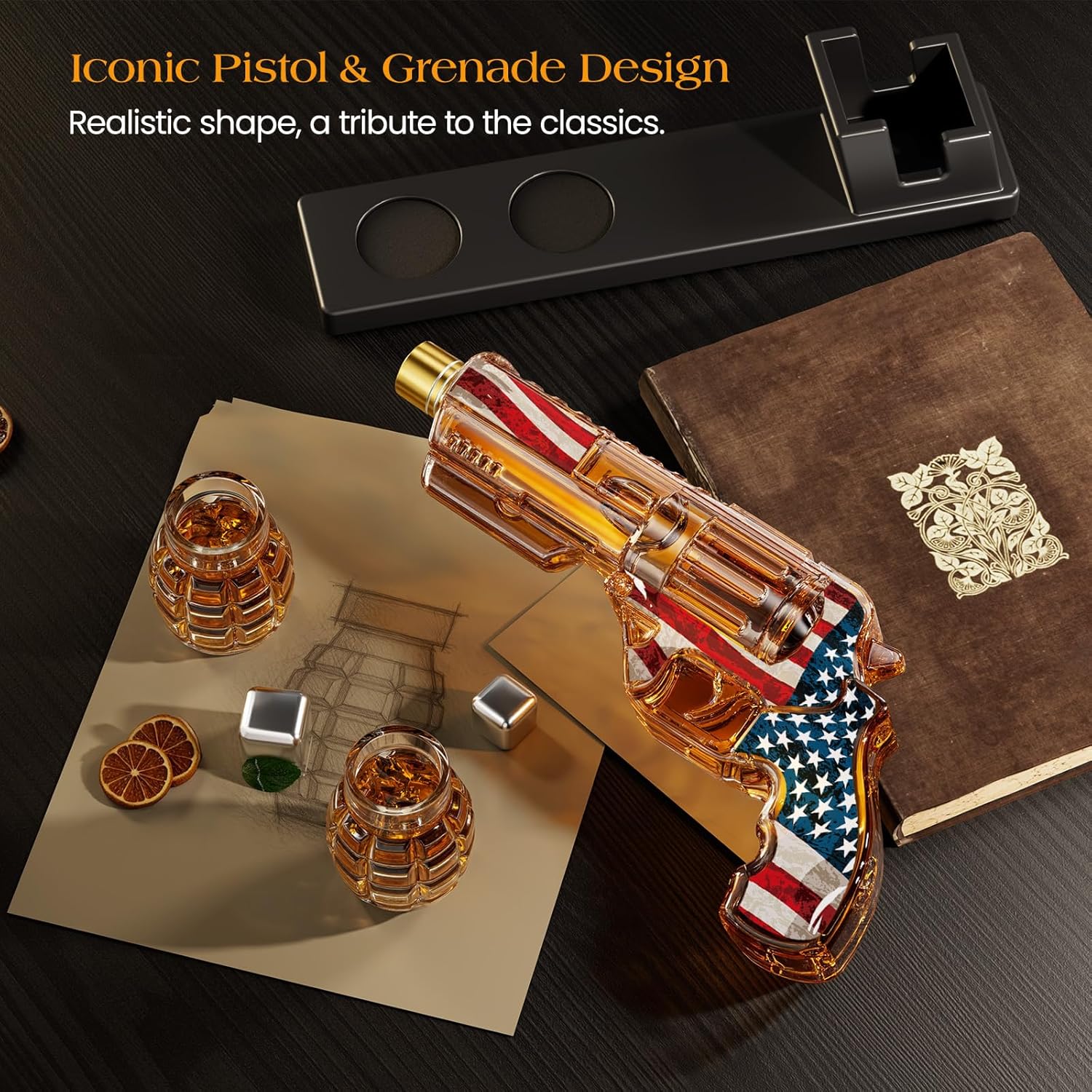 Kollea Flag Whiskey Decanter Sets with Grenade Shot Glasses